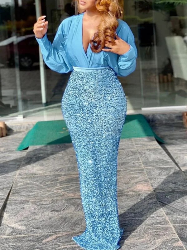 Stunning Sky Blue Evening Dress with Embroidered Beading - European & American Style - Image 5