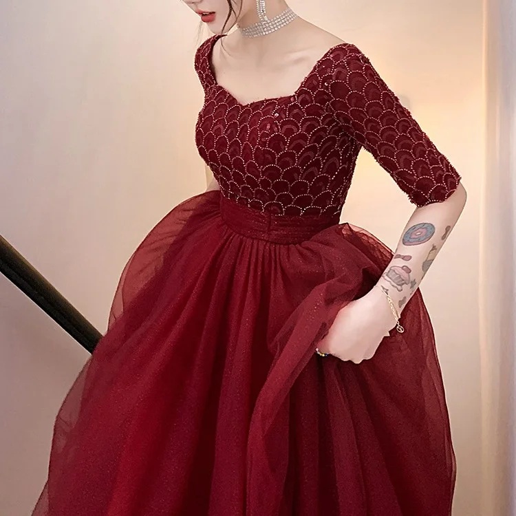 Wine Red Long Sleeve Evening Dress for Women - Perfect for Engagements - Image 2
