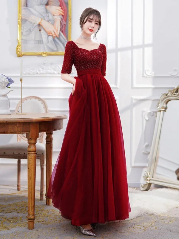 Wine Red Long Sleeve Evening Dress for Women - Perfect for Engagements - Image 4
