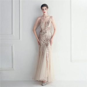 Elegant Mesh Beaded Bridal Wedding Dinner Long Camisole Evening Gown