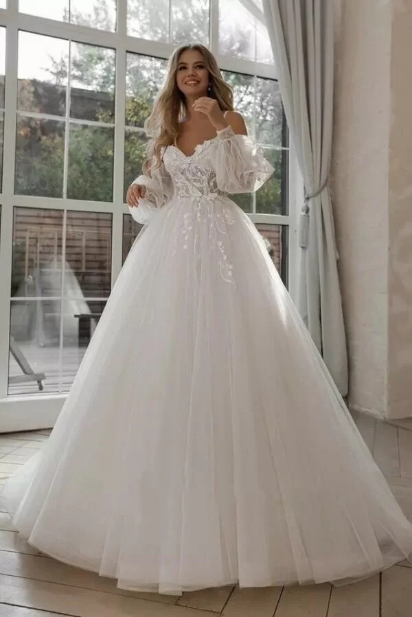 Boho Bride Off Shoulder Wedding Dresses with Puff Sleeves – Elegant Gown - Image 2