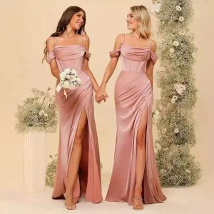 Elegant Off-the-Shoulder Satin Bridesmaid Corset Ball Gown for Stunning Weddings