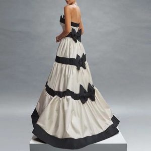 Stylish Tube Top Dress with Contrast Color Stripes and Bow Decoration