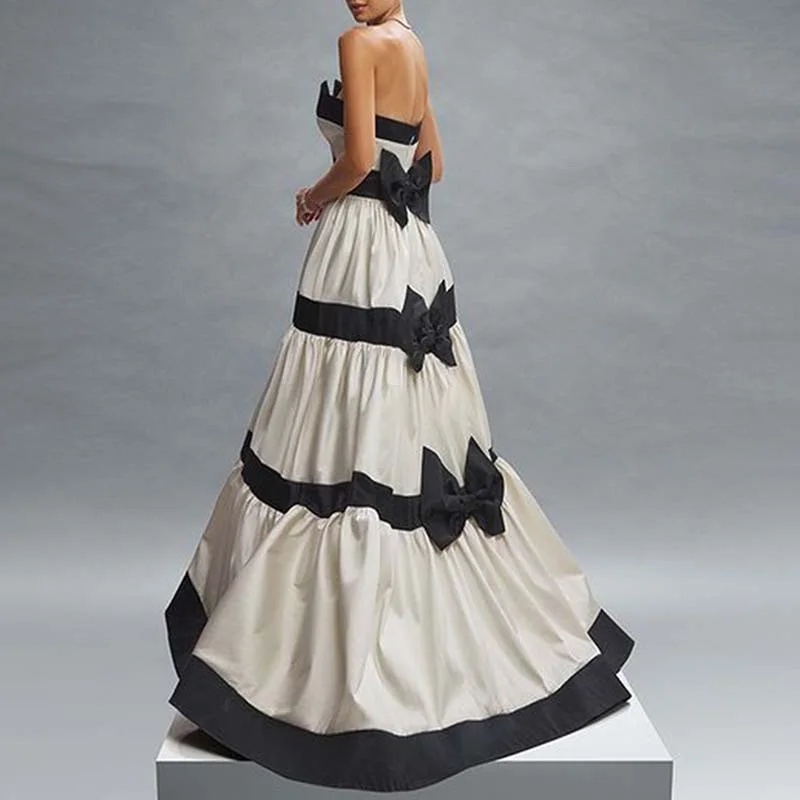 Stylish Tube Top Dress with Contrast Color Stripes and Bow Decoration - Image 2