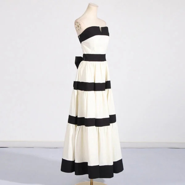 Stylish Tube Top Dress with Contrast Color Stripes and Bow Decoration - Image 3