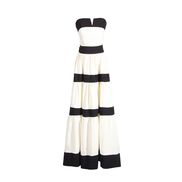Stylish Tube Top Dress with Contrast Color Stripes and Bow Decoration - Image 4