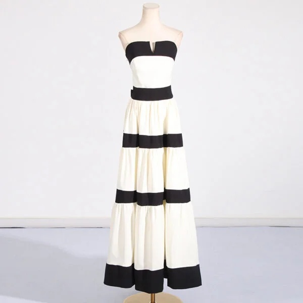 Stylish Tube Top Dress with Contrast Color Stripes and Bow Decoration - Image 5