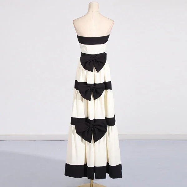 Stylish Tube Top Dress with Contrast Color Stripes and Bow Decoration - Image 6