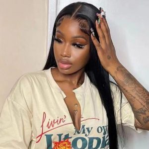 Black Medium Long Straight Hair T-shaped Front Lace Wig - Chemical Fiber Quality