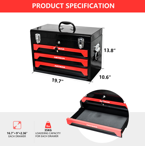20 Portable 3-Drawer Steel Tool Box with Metal Latch Closure - Black & Red