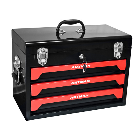 20 Portable 3-Drawer Steel Tool Box with Metal Latch Closure - Black & Red - Image 3