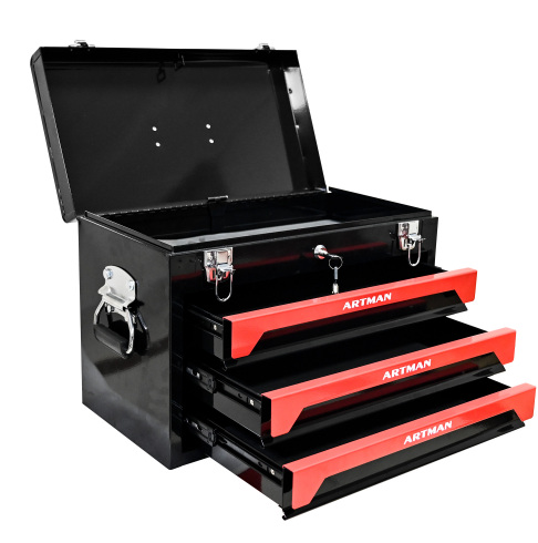 20 Portable 3-Drawer Steel Tool Box with Metal Latch Closure - Black & Red - Image 4