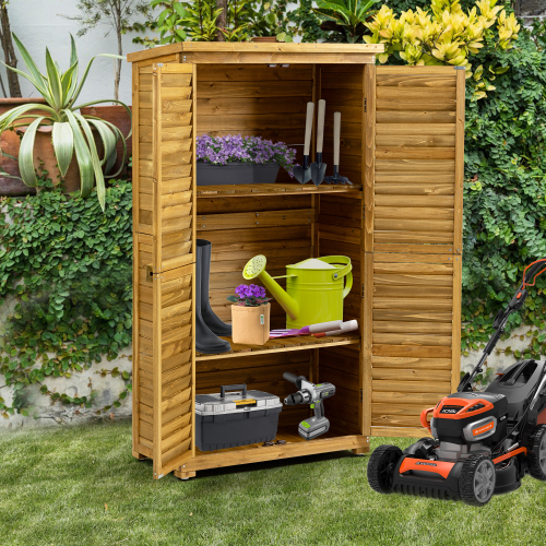 Outdoor Storage Cabinet - Wood Garden Shed with Lockable Door, Waterproof Roof & 2 Removable Shelves | Vertical Outside Storage Shed for Patio, Backyard, and Lawn - Image 2