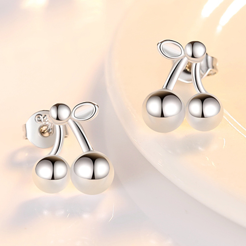 Shengli S925 Silver Stud Earrings - Fresh Korean Style Sweet Diamond Cherry Design