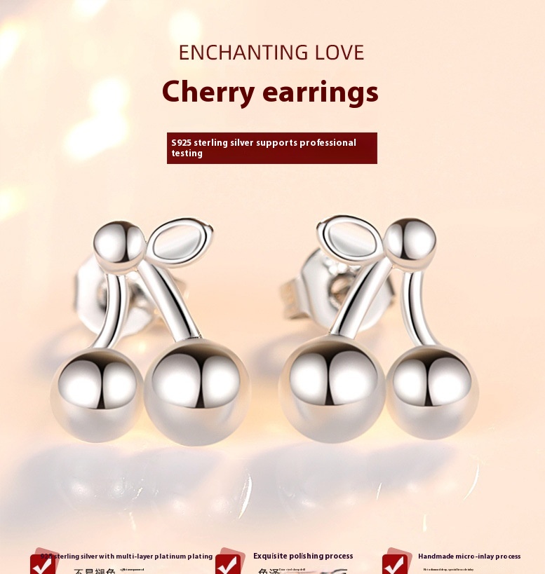 Shengli S925 Silver Stud Earrings - Fresh Korean Style Sweet Diamond Cherry Design - Image 5