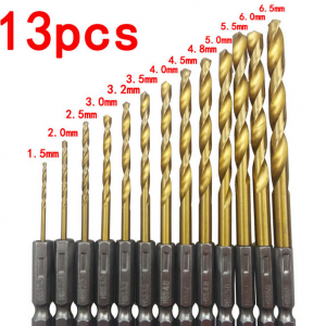 Wind Batch Hex Shank Twist Drill Bit Set - Titanium Plated 6.35mm, 10PC & 13PC Options, High Speed Steel