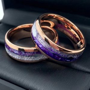Rose Gold Amethyst Gradient Arrow Ring with Bright Gold Stitching