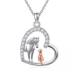 Sterling Silver Heart Horse and Girl Pendant Necklace - Perfect Jewelry Gifts for Women, Girls, and Kids