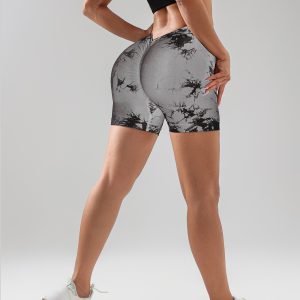 2 Pack Women's Peach Tie Dye High Waist V-Back Scrunch Yoga Shorts - Seamless Stretch Fabric Athletic Workout Bottoms