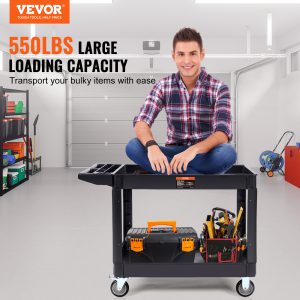 VEVOR Heavy Duty Utility Service Cart, 550LBS Capacity 2 Shelf Rolling Cart with 360° Swivel Wheels (2 Braked), Large Lipped Shelf & Ergonomic Handle for Warehouse/Garage/Cleaning