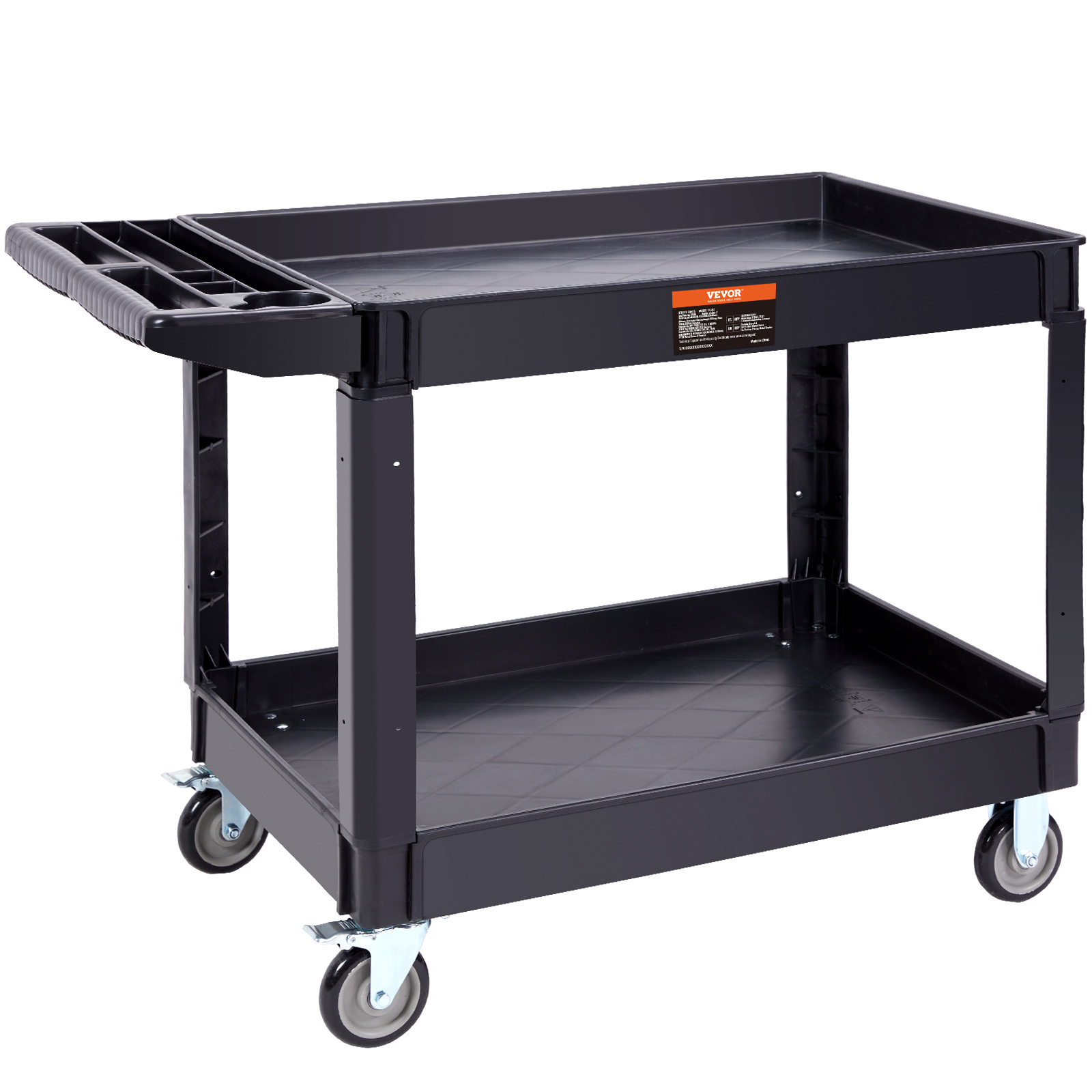 VEVOR Heavy Duty Utility Service Cart, 550LBS Capacity 2 Shelf Rolling Cart with 360° Swivel Wheels (2 Braked), Large Lipped Shelf & Ergonomic Handle for Warehouse/Garage/Cleaning - Image 2