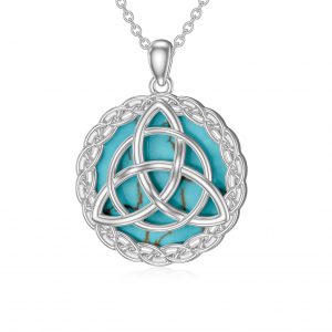 925 Sterling Silver Celtic Necklace with Genuine Turquoise Trinity Knot Pendant - Irish Good Luck Jewelry Gifts for Women