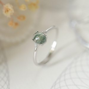S925 Silver Green Moss Ring with Water Plants Agate for Women’s Finger Fashion