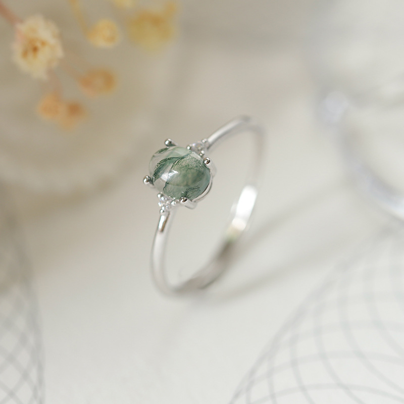 S925 Silver Green Moss Ring with Water Plants Agate for Women’s Finger Fashion