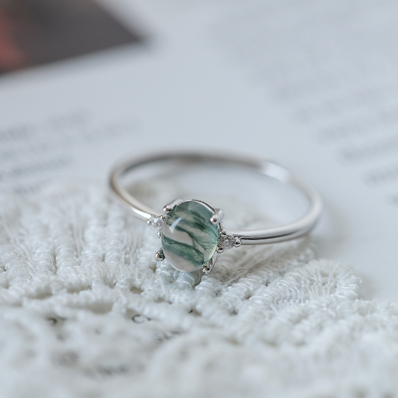 S925 Silver Green Moss Ring with Water Plants Agate for Women’s Finger Fashion - Image 2