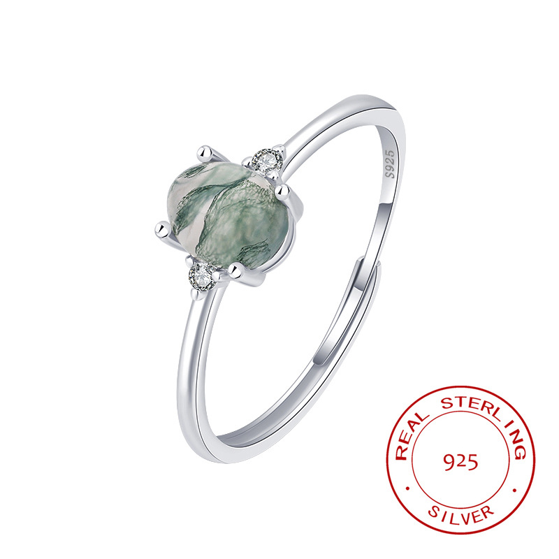 S925 Silver Green Moss Ring with Water Plants Agate for Women’s Finger Fashion - Image 3