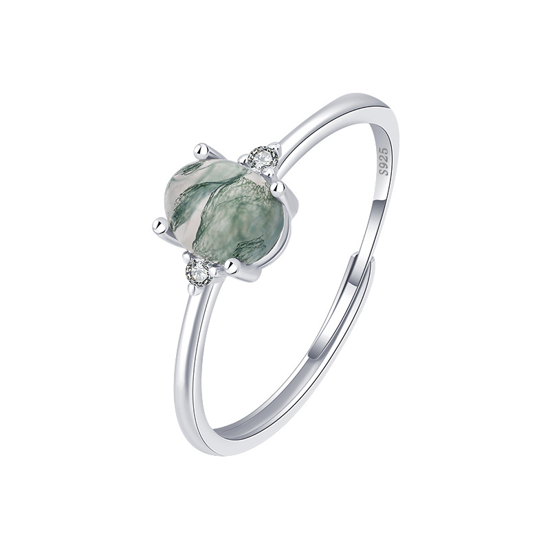 S925 Silver Green Moss Ring with Water Plants Agate for Women’s Finger Fashion - Image 5