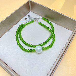 Elegant Silver White Green Chalcedony and Pearl Bracelet for Women