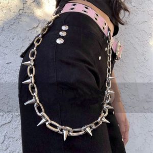 Rivet Waist Chain Pants - Stylish Chain Accessory for Trendy Outfits