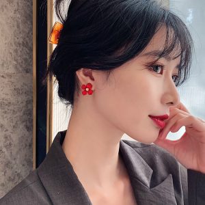 Korean Red Petal Earrings for Girls - Elegant Silver Needle Design