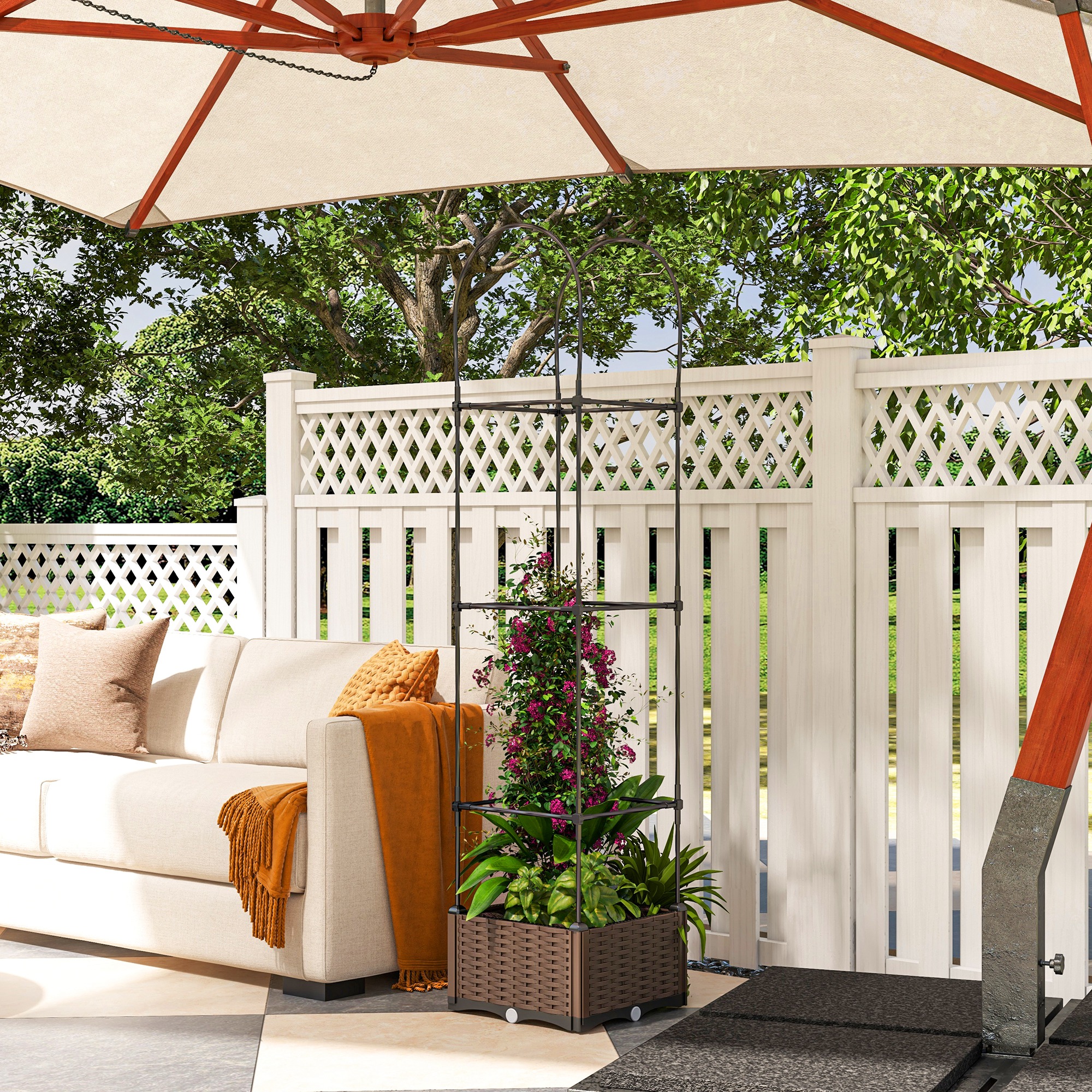 Elevated Garden Bed with Trellis - Self-Watering Outdoor Planter Box in Brown with Drainage