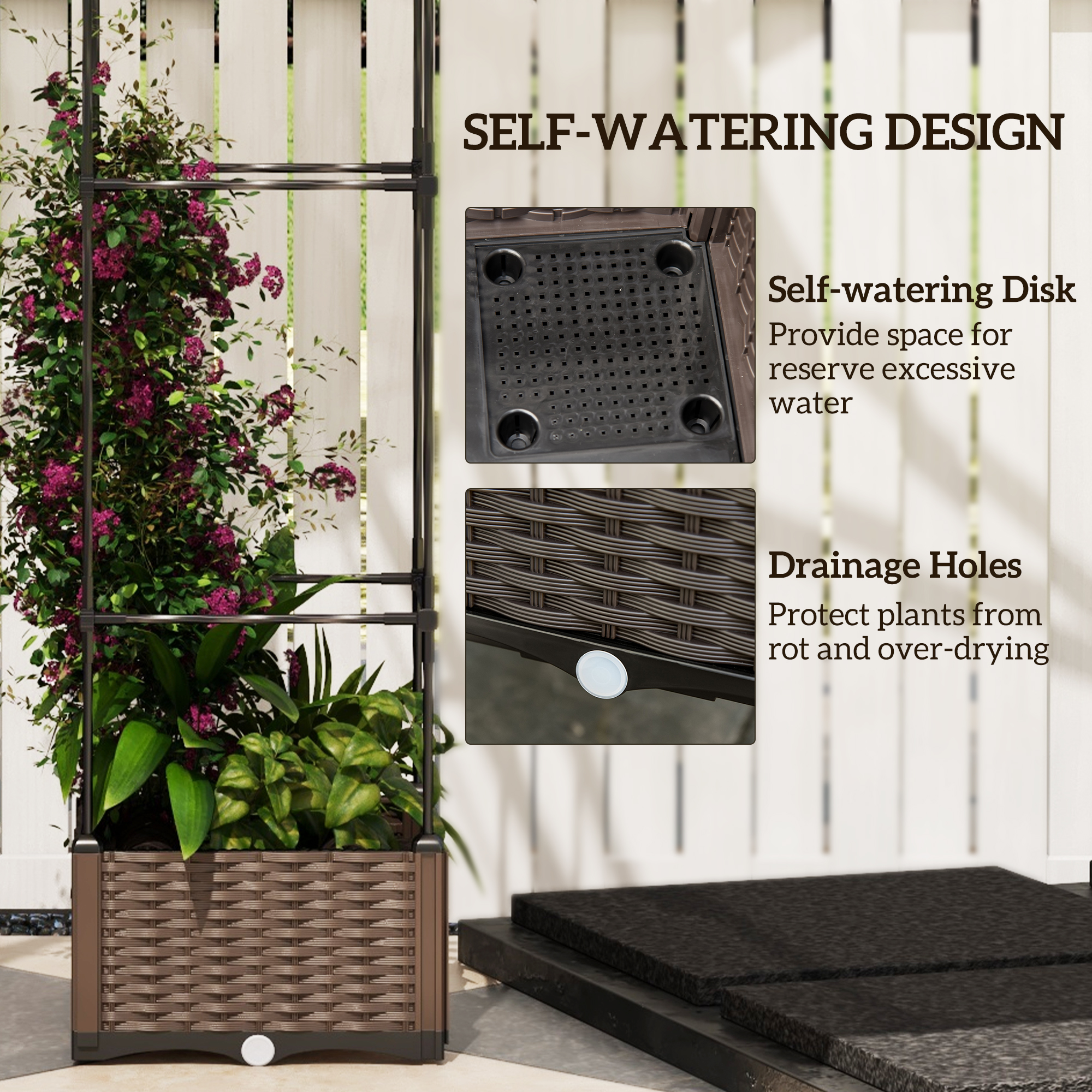 Elevated Garden Bed with Trellis - Self-Watering Outdoor Planter Box in Brown with Drainage - Image 8