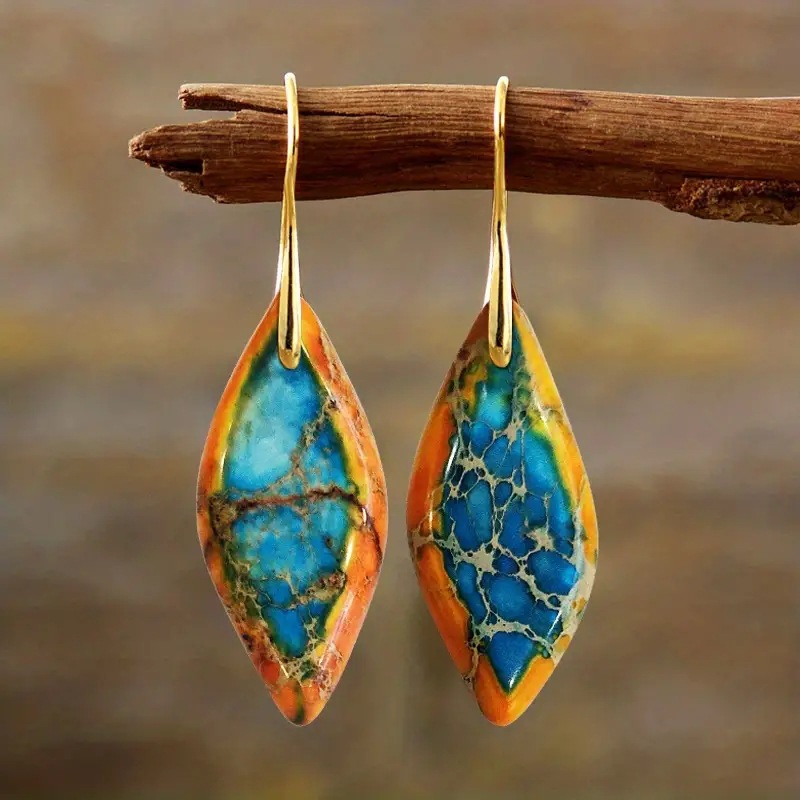 Emperor Stone Bohemian Natural Royal Stone Leaf Pendant Earrings - Stylish & Unique