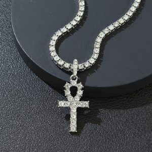 Men's Single Row Diamond Necklace with Cross Pendant - Elegant & Stylish