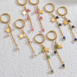 French Style Colorful Beaded Eight-Pointed Star Long Tassel Earrings