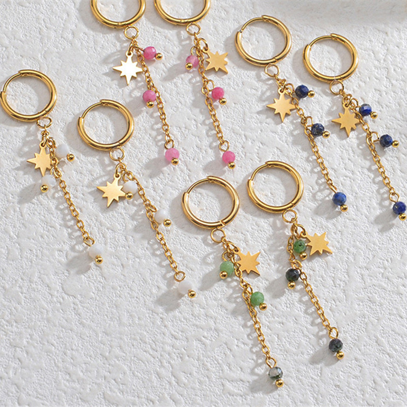 French Style Colorful Beaded Eight-Pointed Star Long Tassel Earrings