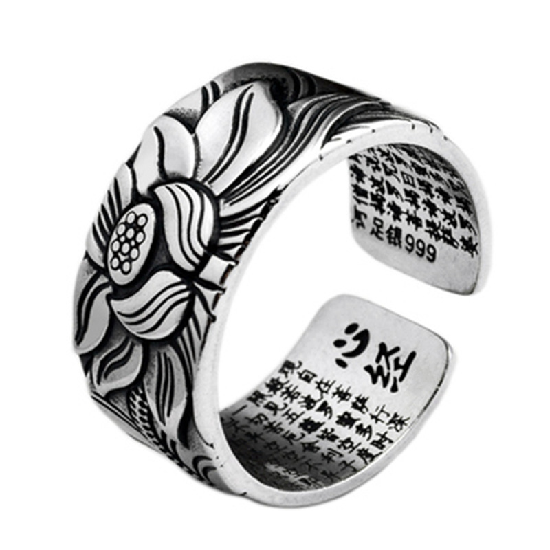 Vintage-Inspired Buddhism Jewelry: Real Silver Plated Prajna Paramita Heart Sutra Lotus Ring