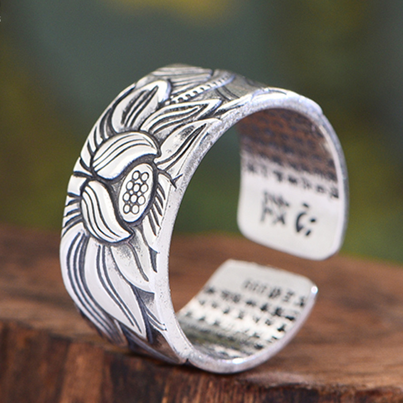Vintage-Inspired Buddhism Jewelry: Real Silver Plated Prajna Paramita Heart Sutra Lotus Ring - Image 3