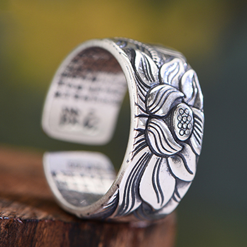 Vintage-Inspired Buddhism Jewelry: Real Silver Plated Prajna Paramita Heart Sutra Lotus Ring - Image 4