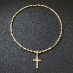 Single Row Diamond Cuban Necklace with Cross Pendant - Elegant & Stylish