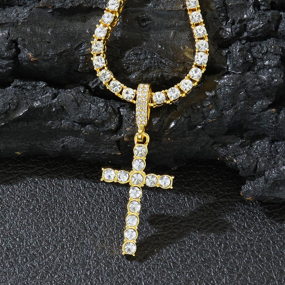 Single Row Diamond Cuban Necklace with Cross Pendant - Elegant & Stylish - Image 2