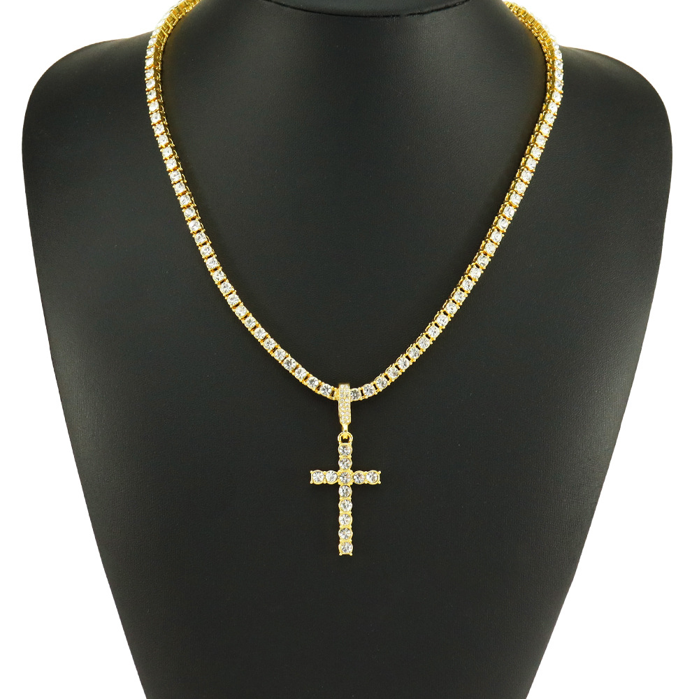 Single Row Diamond Cuban Necklace with Cross Pendant - Elegant & Stylish - Image 3