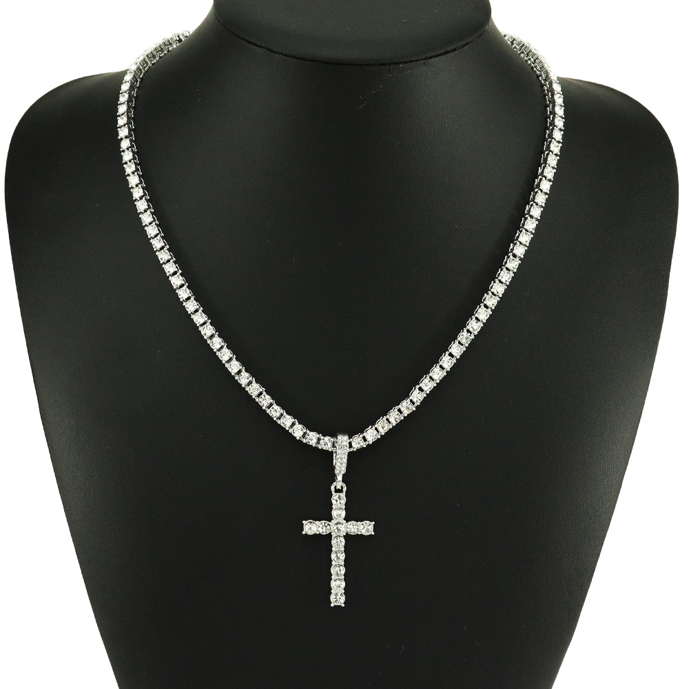 Single Row Diamond Cuban Necklace with Cross Pendant - Elegant & Stylish - Image 5