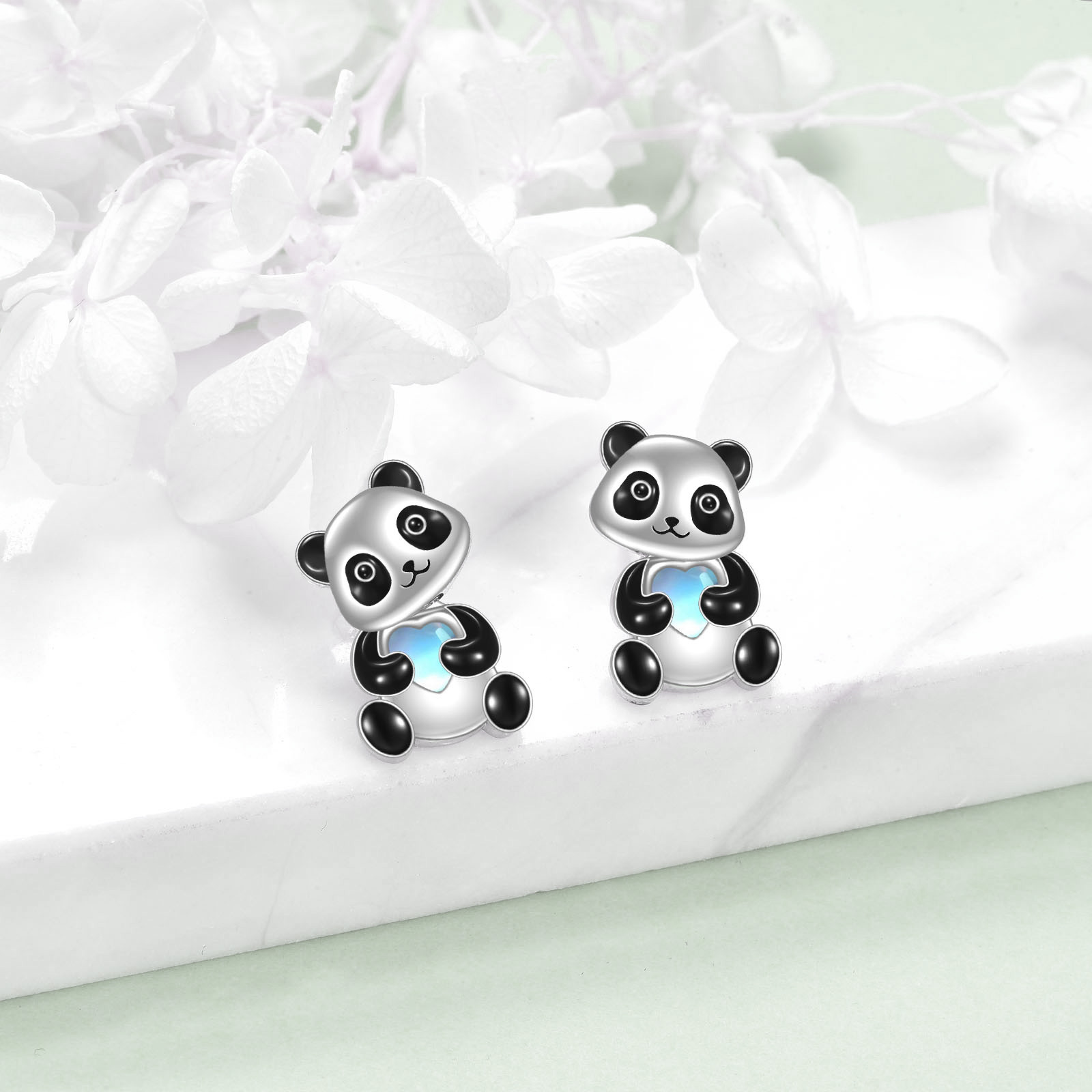 Sterling Silver Panda Stud Earrings with Front Back Ear Jacket Design - Image 2