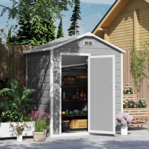 Outsunny 6 X 4ft Grey Outdoor Shed with Foundation, Lockable Door, Vents & Windows - Durable Plastic Tool Storage Solution