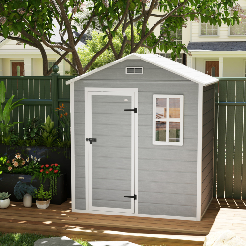 Outsunny 6 X 4ft Grey Outdoor Shed with Foundation, Lockable Door, Vents & Windows - Durable Plastic Tool Storage Solution - Image 6